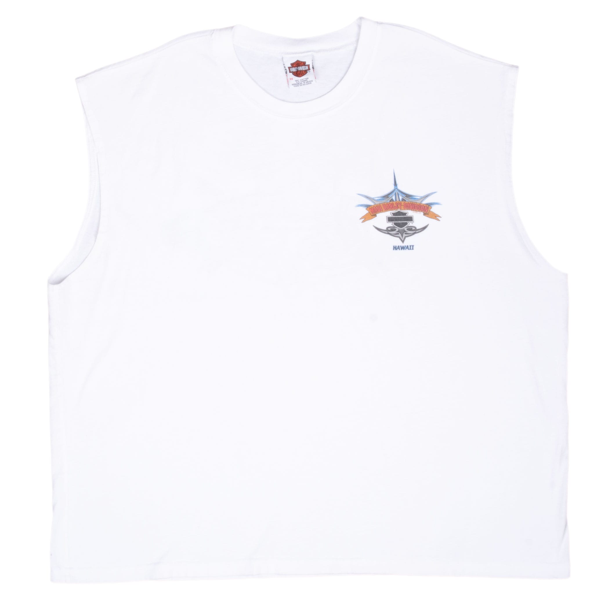 Front of white Harley-Davidson Maui tank top with small Hawaii chest graphic