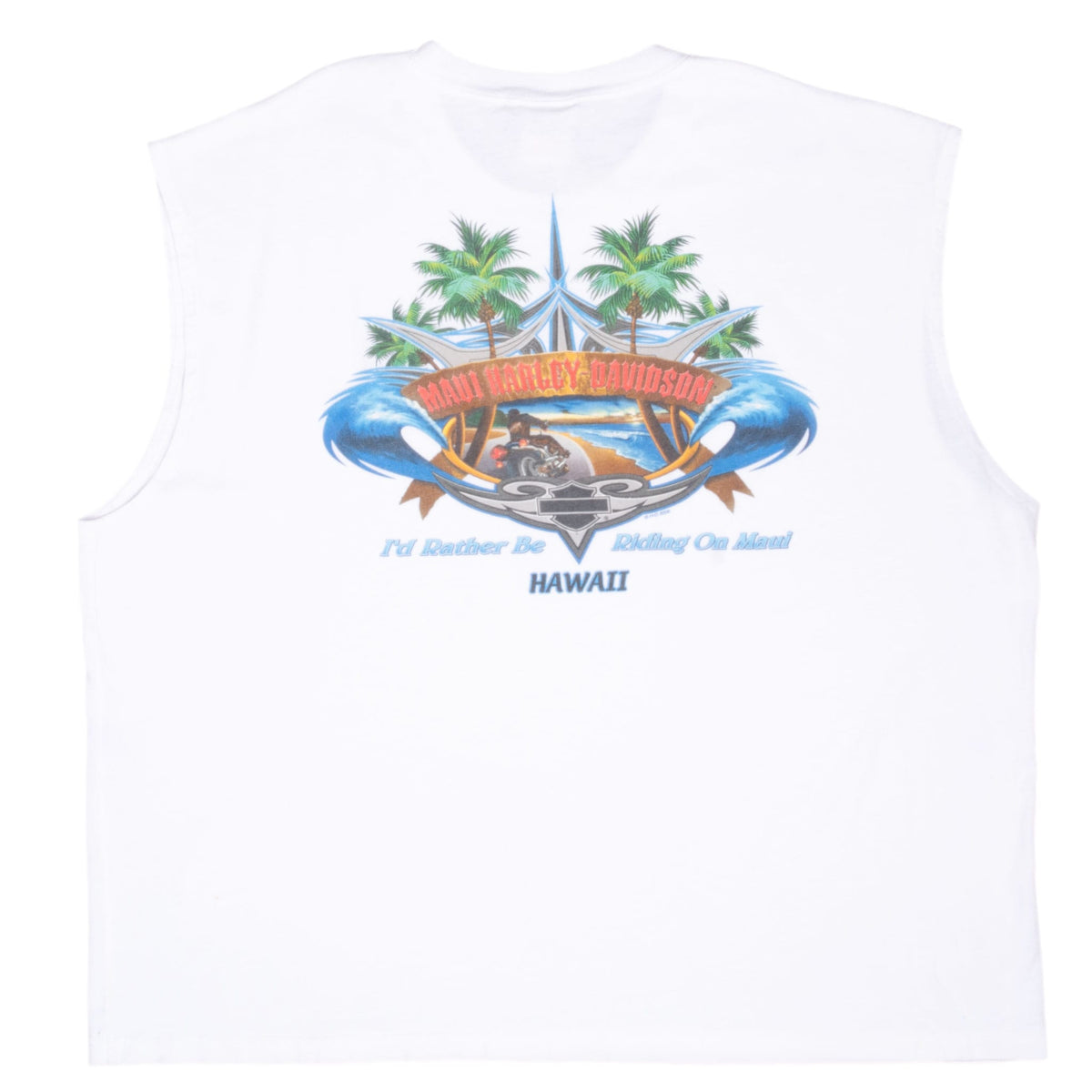 Full back of white Harley-Davidson Maui tank top with tropical motorcycle graphic