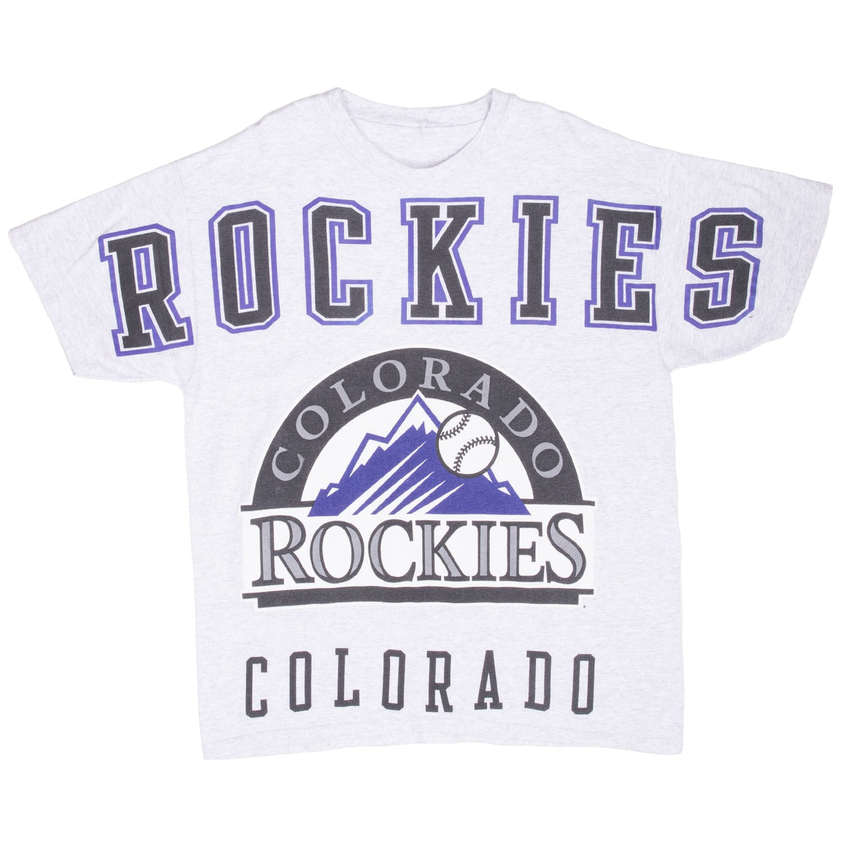 Full front of gray Colorado Rockies crewneck T-shirt with purple, black, and white graphic