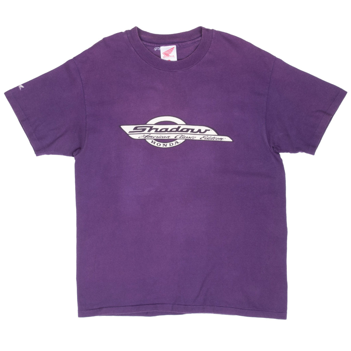 Full front of purple Honda Shadow short-sleeve T-shirt with white and black chest graphic