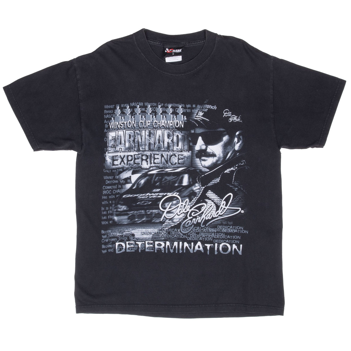 Front of black Dale Earnhardt Experience T-shirt with oversized monochrome NASCAR graphic