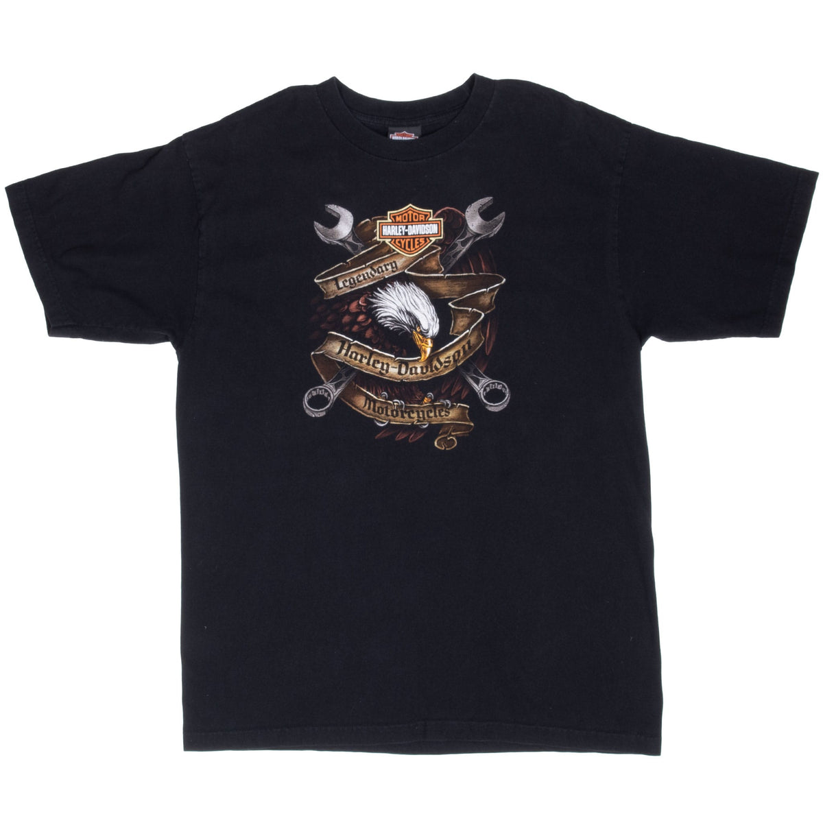 Full front view of black Harley-Davidson crewneck T-shirt with centered eagle and wrench graphic