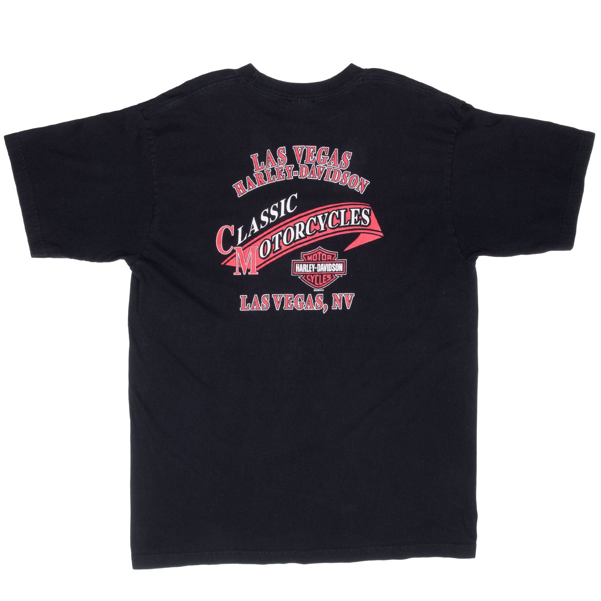 Back of black T-shirt with red and white Las Vegas Harley-Davidson Classic Motorcycles graphic