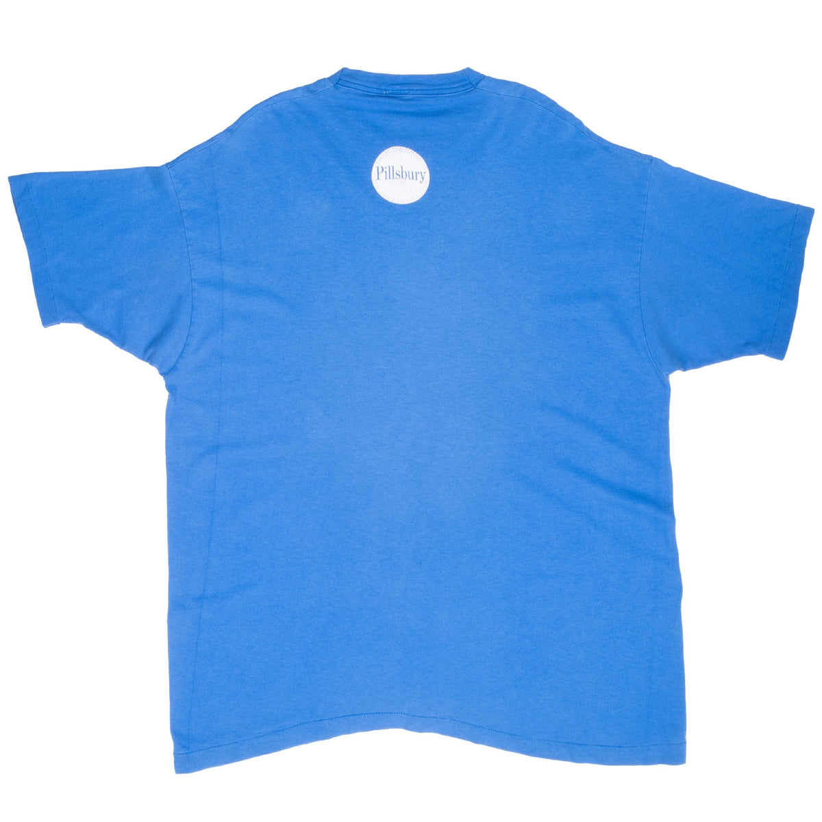 Back of blue Pillsbury Doughboy T-shirt with circular logo below the collar