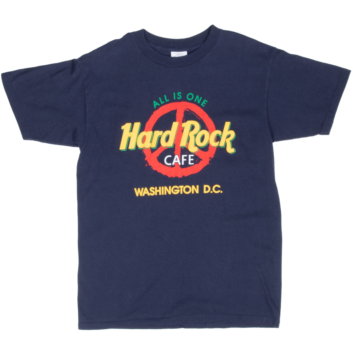 Front of navy Hard Rock Cafe T-shirt with All Is One Washington, D.C. peace graphic