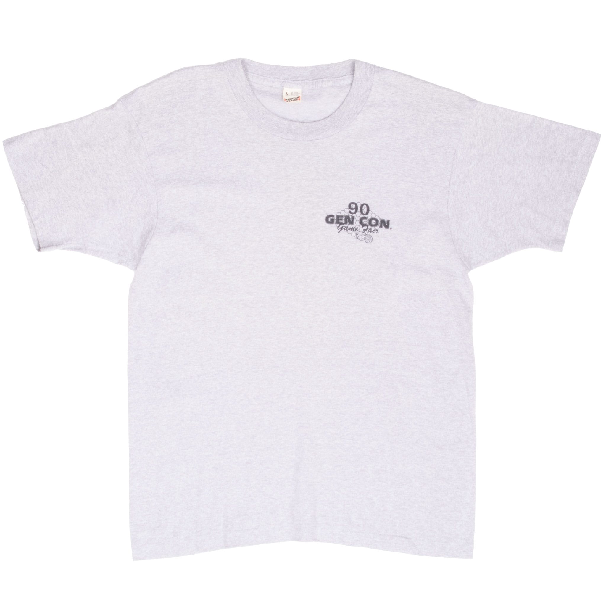 Front of gray Gen Con 1990 Game Fair T-shirt with small left-chest dice logo