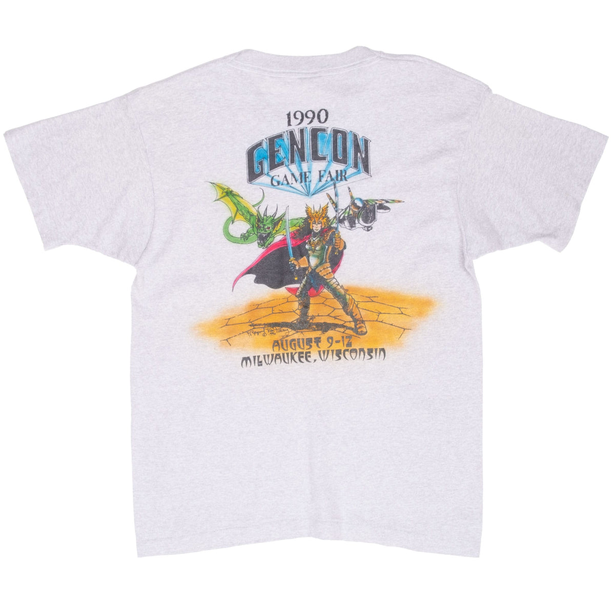 Full back of gray Gen Con 1990 Game Fair T-shirt with multicolor fantasy graphic