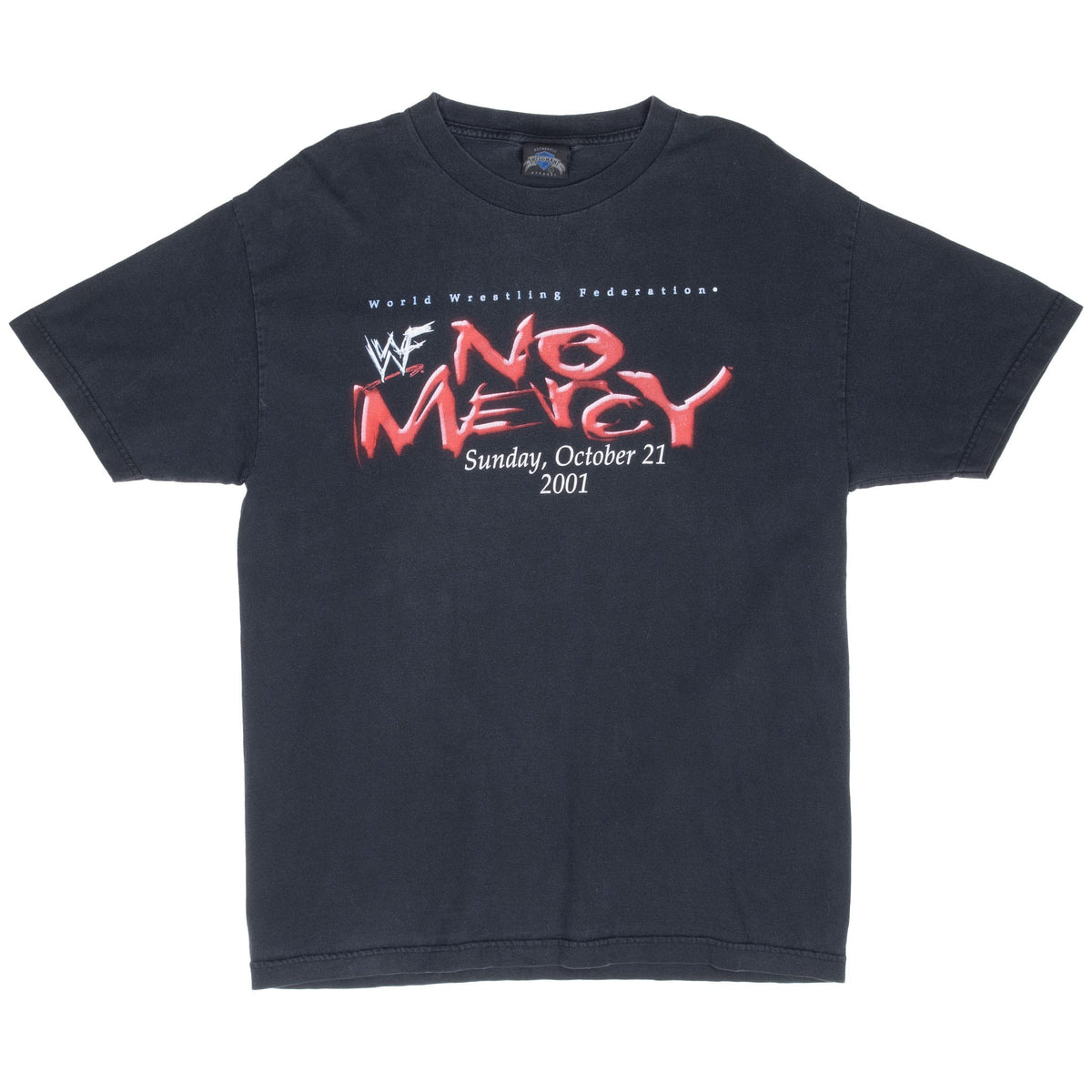 Full front view of black WWF No Mercy T-shirt with red and white event graphic