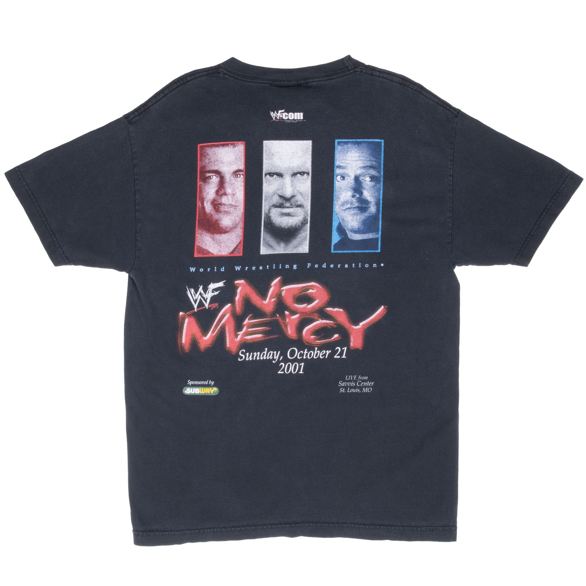 Back of black WWF No Mercy T-shirt with wrestler portraits, event details and sponsor logos