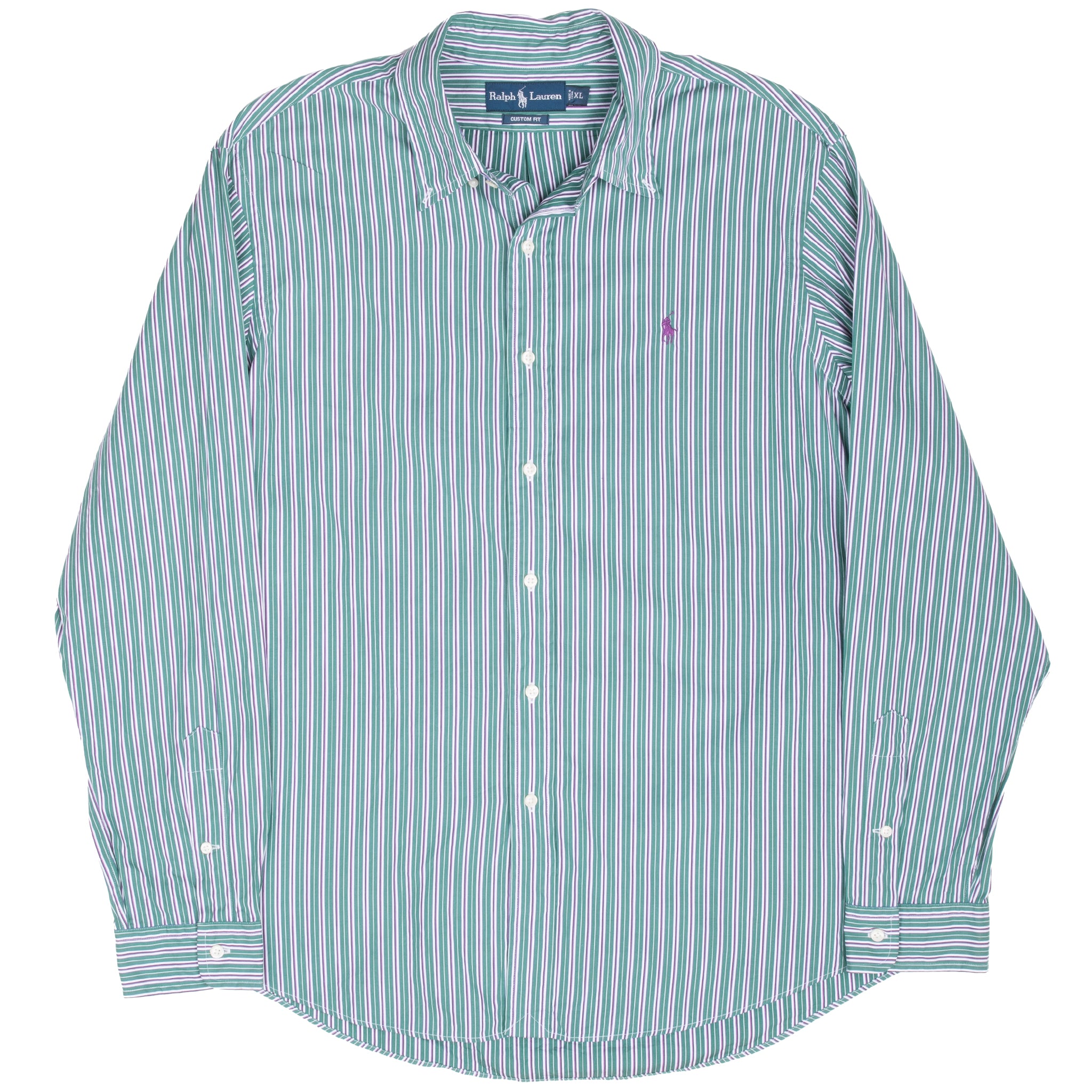 Full front view of Ralph Lauren green and purple striped long-sleeve shirt