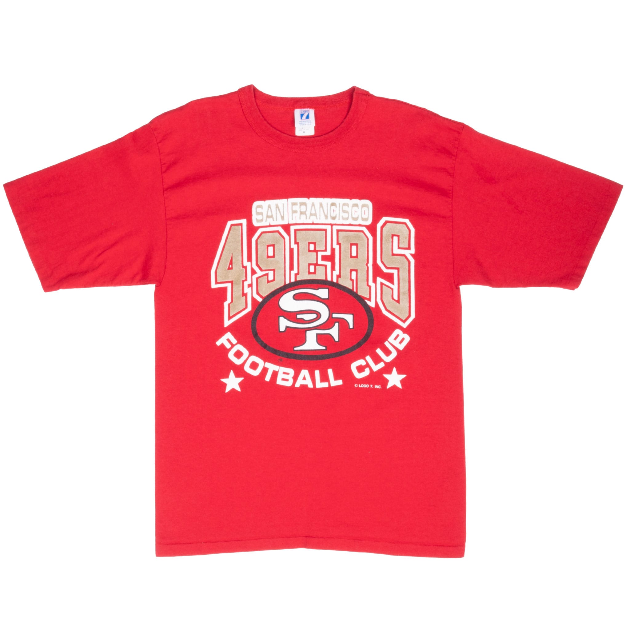 Full front of red San Francisco 49ers T-shirt with SF oval logo, lettering, and stars