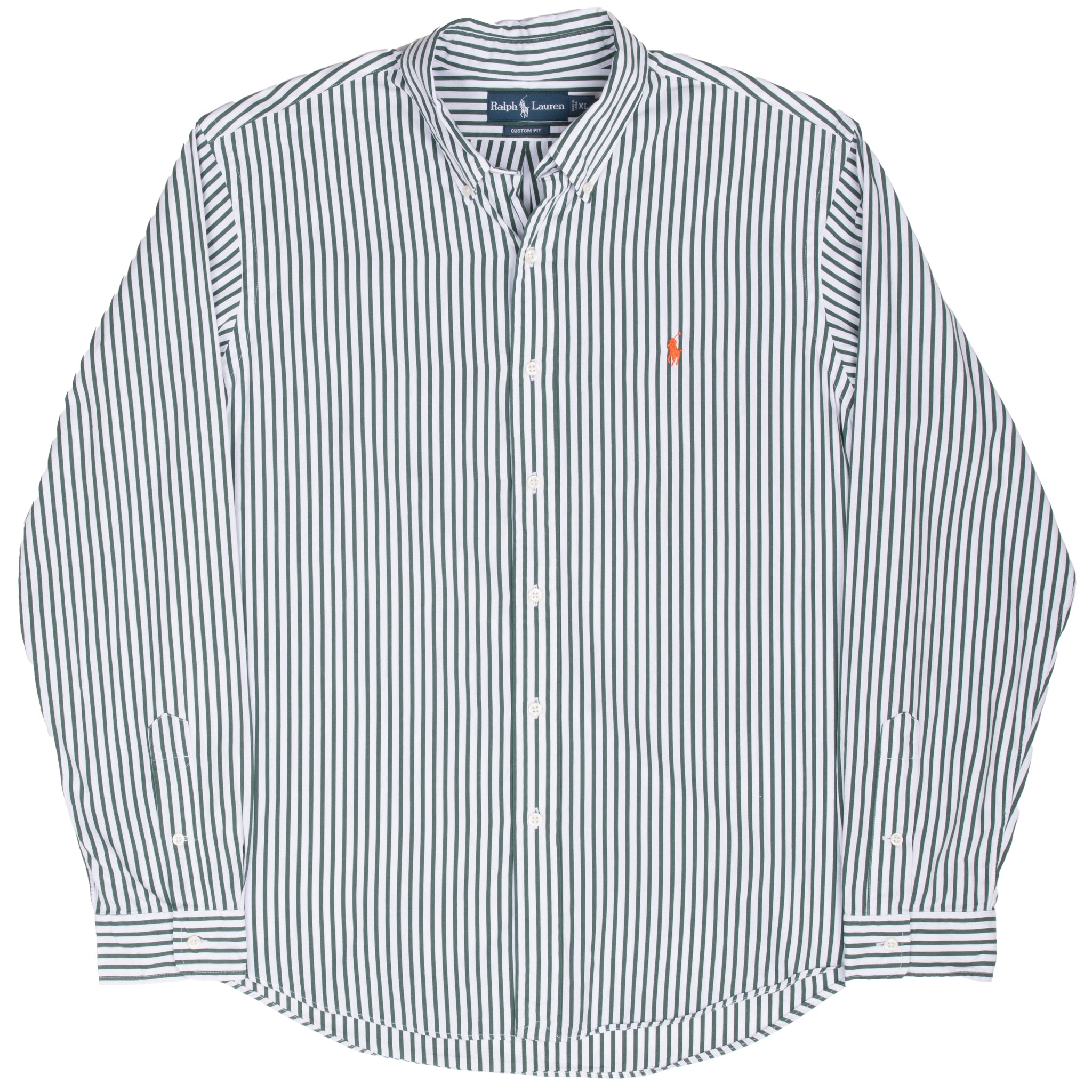 Full front view of Ralph Lauren green and white striped long-sleeve shirt
