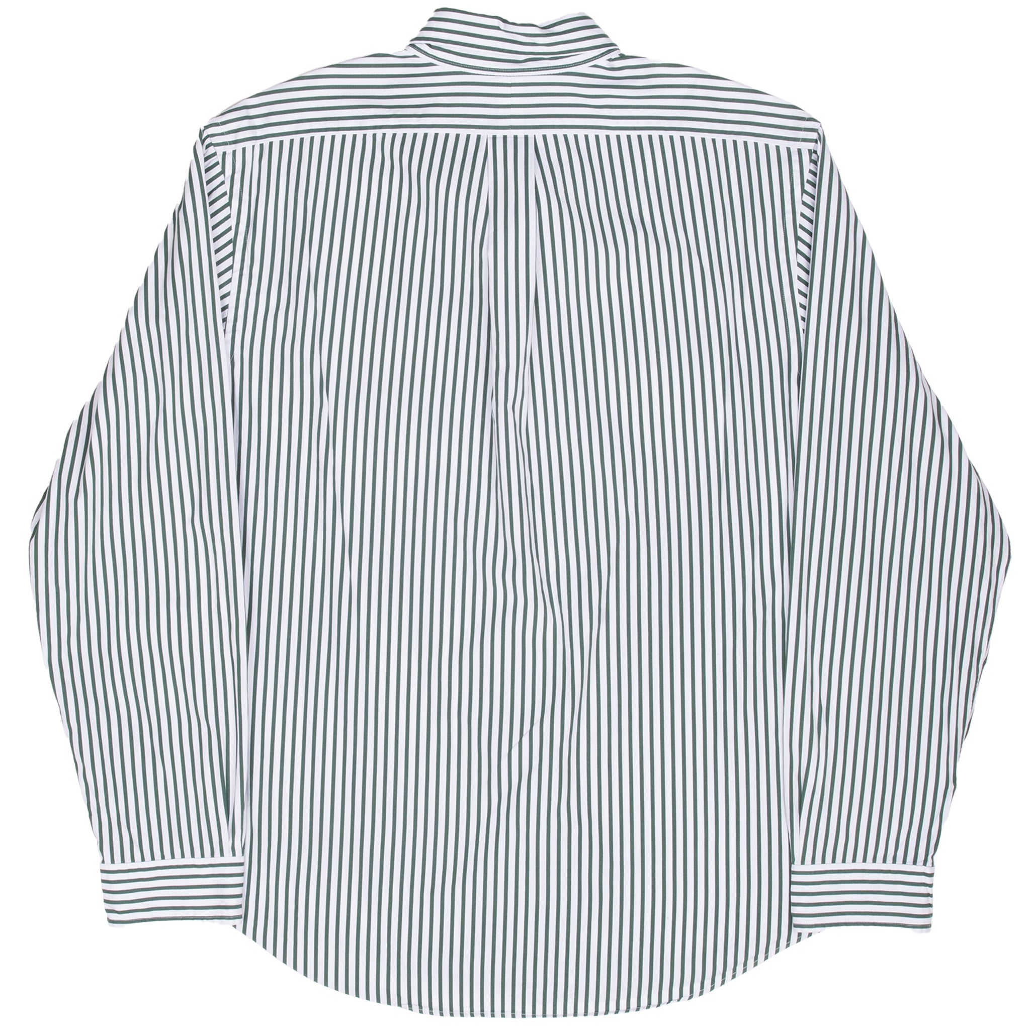 Back of Ralph Lauren green and white striped long-sleeve shirt with center pleat