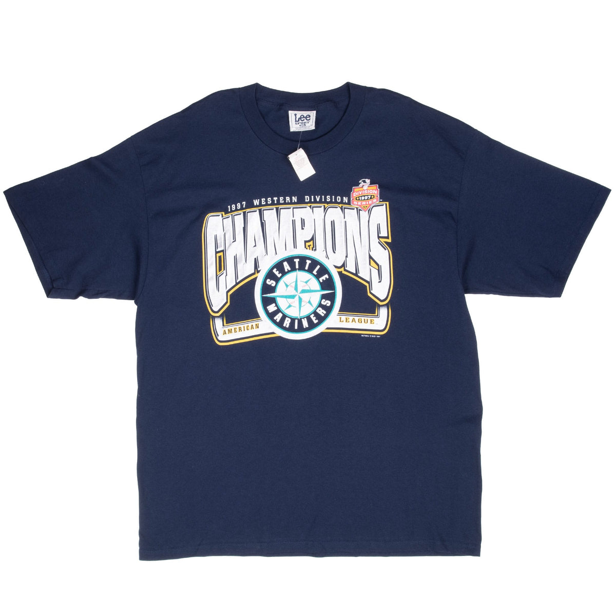 Full front of navy Seattle Mariners 1997 Western Division Champions T-shirt