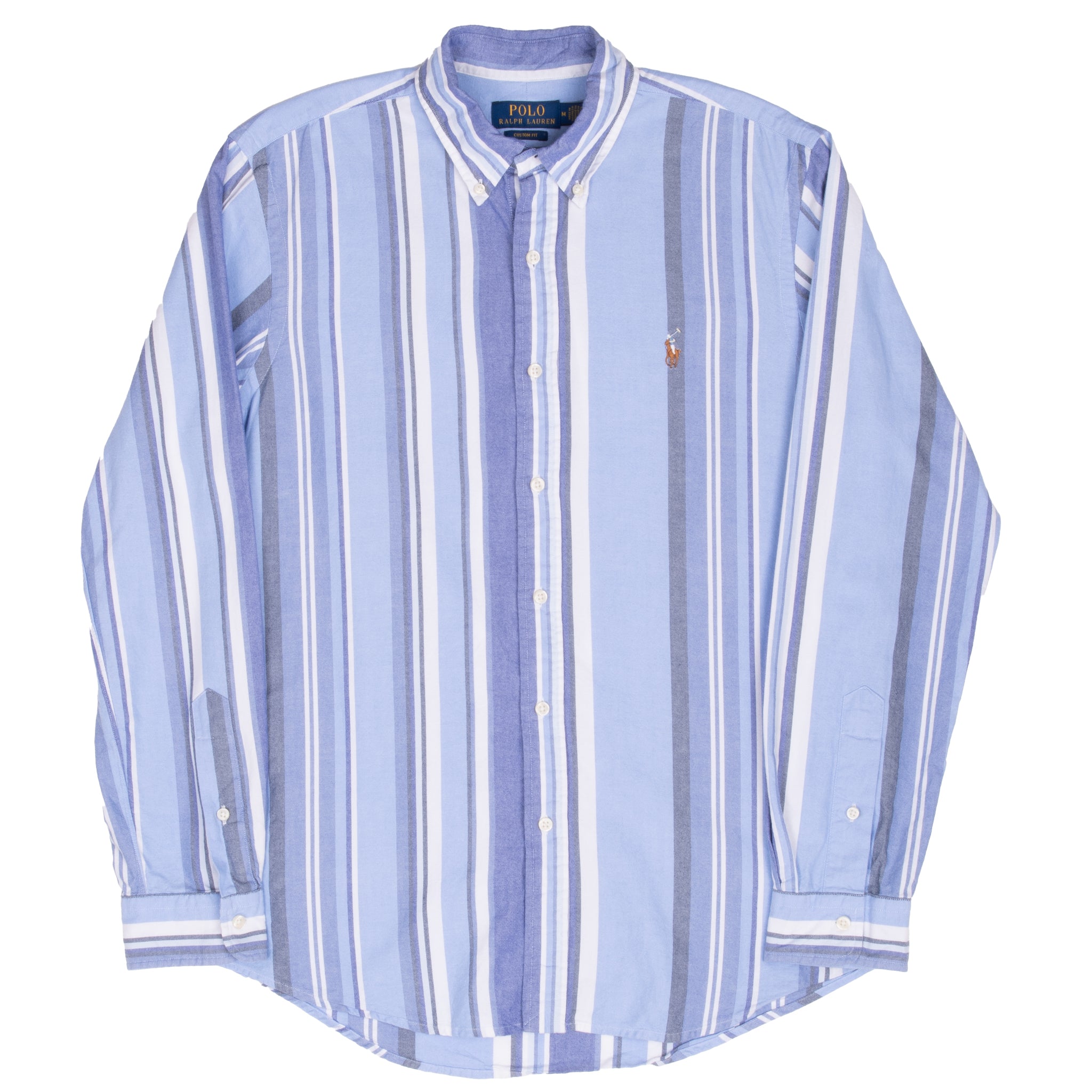 Full front view of Ralph Lauren blue striped long-sleeve button-down shirt