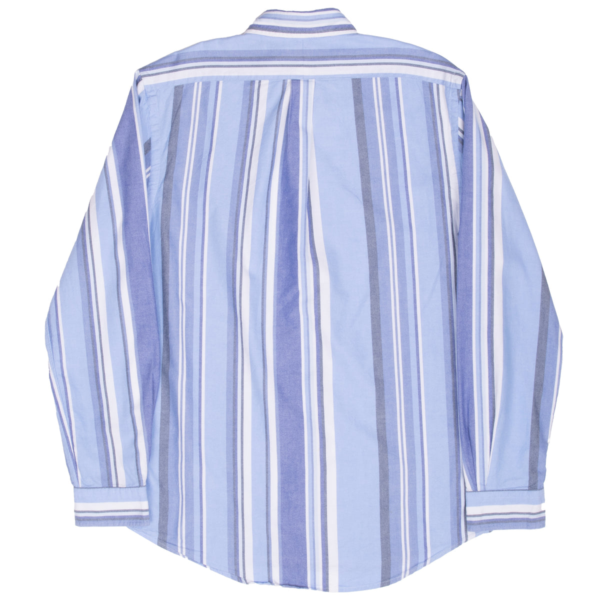 Back of Ralph Lauren blue striped long-sleeve shirt with center pleat