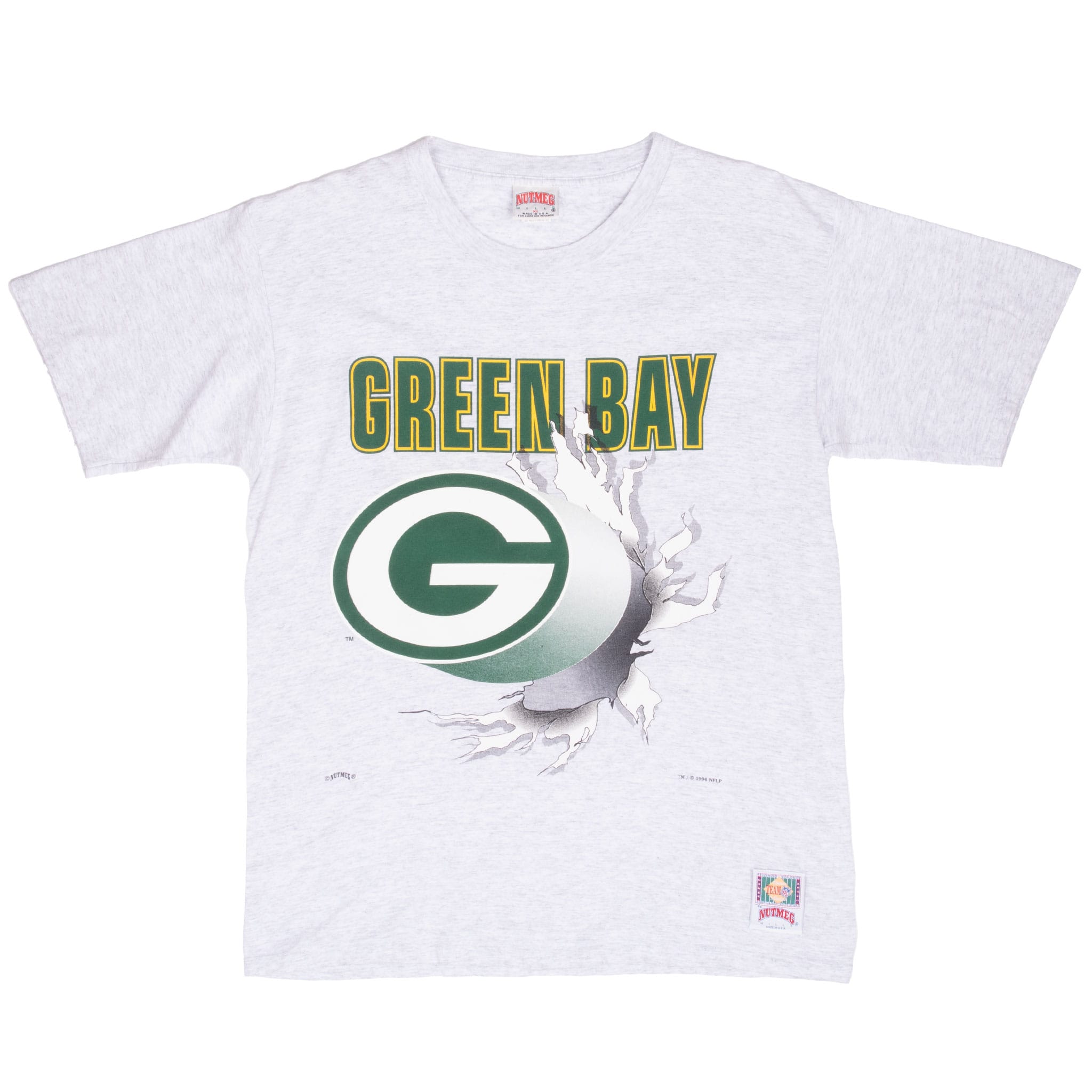 Full front view of gray Green Bay Packers T-shirt with green and yellow graphic