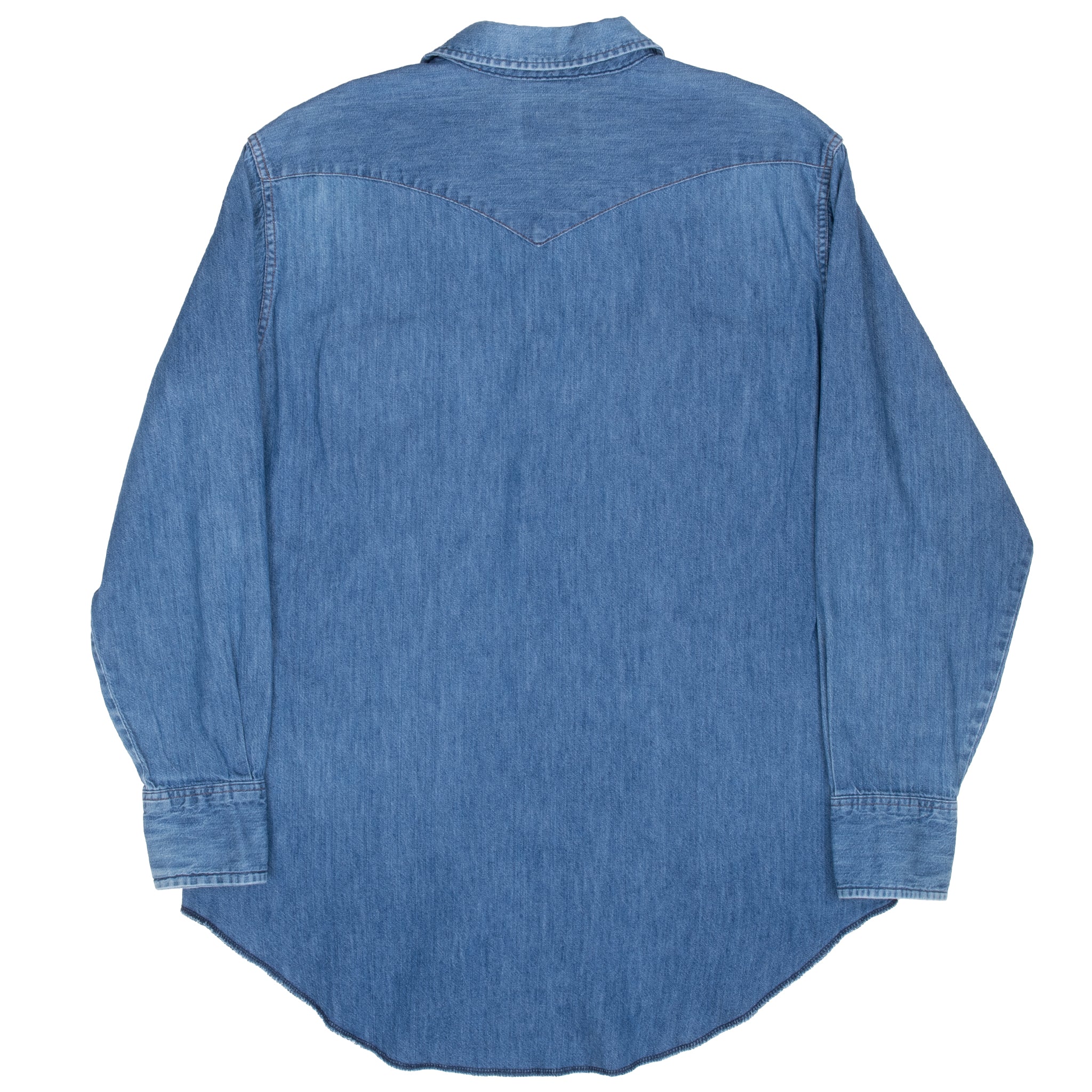 Back of blue Wrangler denim shirt with pointed western yoke and long shirttail hem