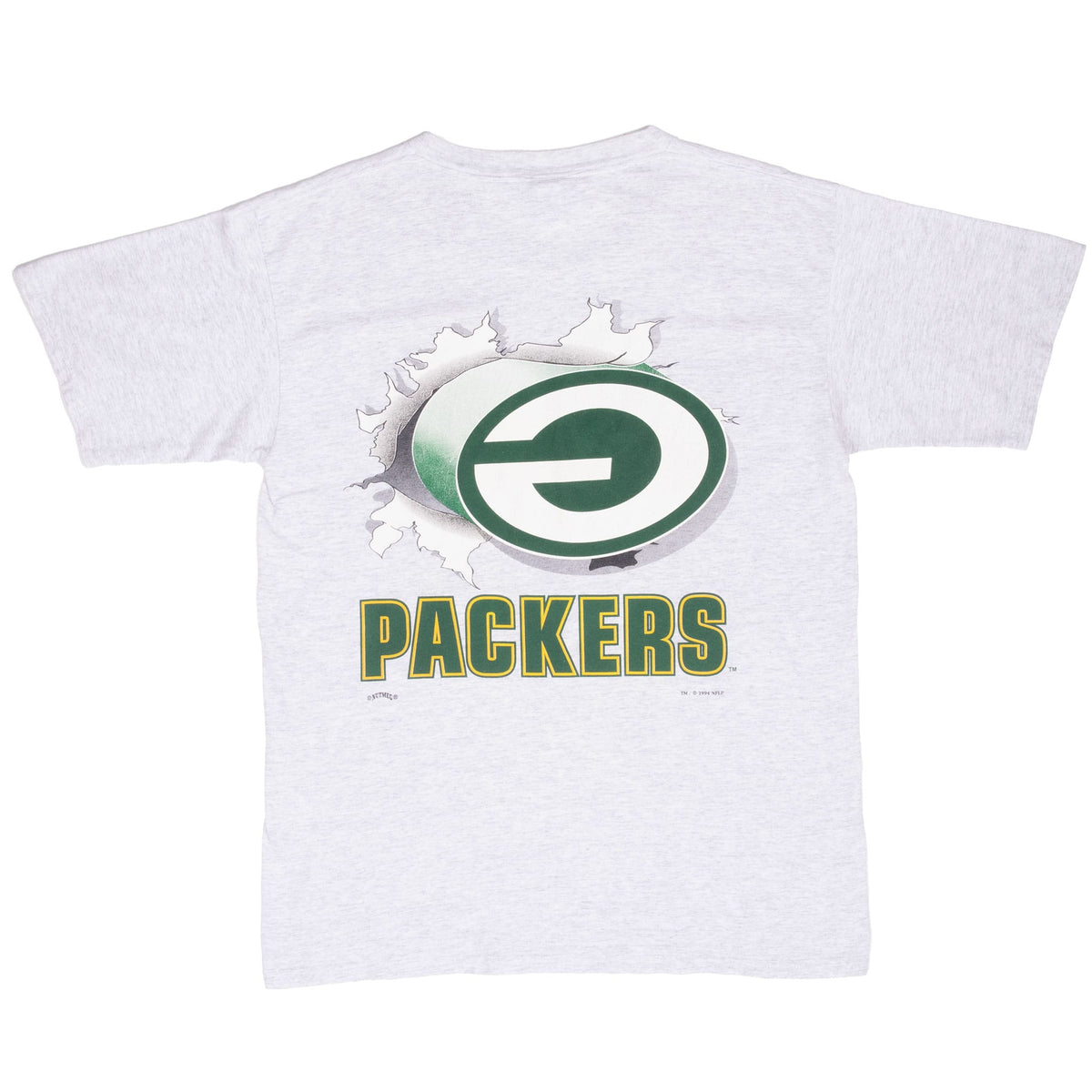 Back of gray Green Bay Packers T-shirt with G logo breakout graphic and Packers lettering