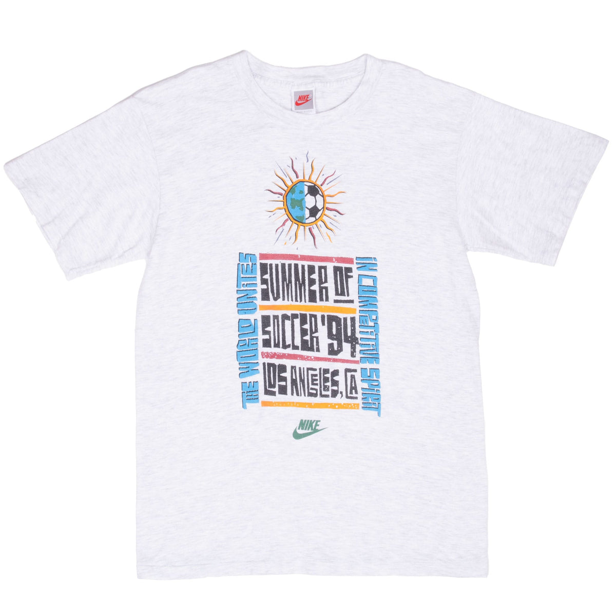 Full front view of gray Nike Summer of Soccer '94 Los Angeles short-sleeve T-shirt