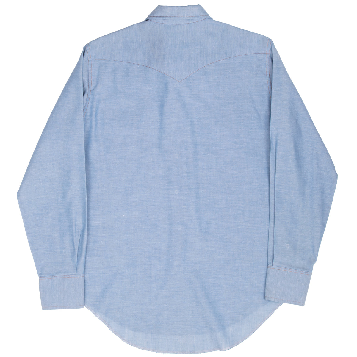Back of blue Wrangler chambray Western shirt with pointed yoke and curved hem