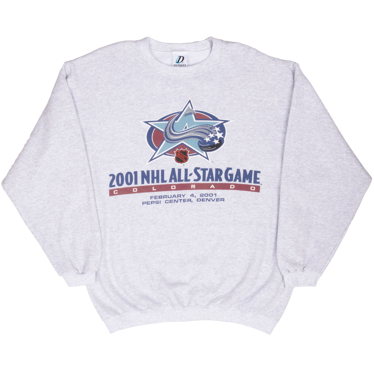 Full front view of gray NHL 2001 All-Star Game Colorado sweatshirt