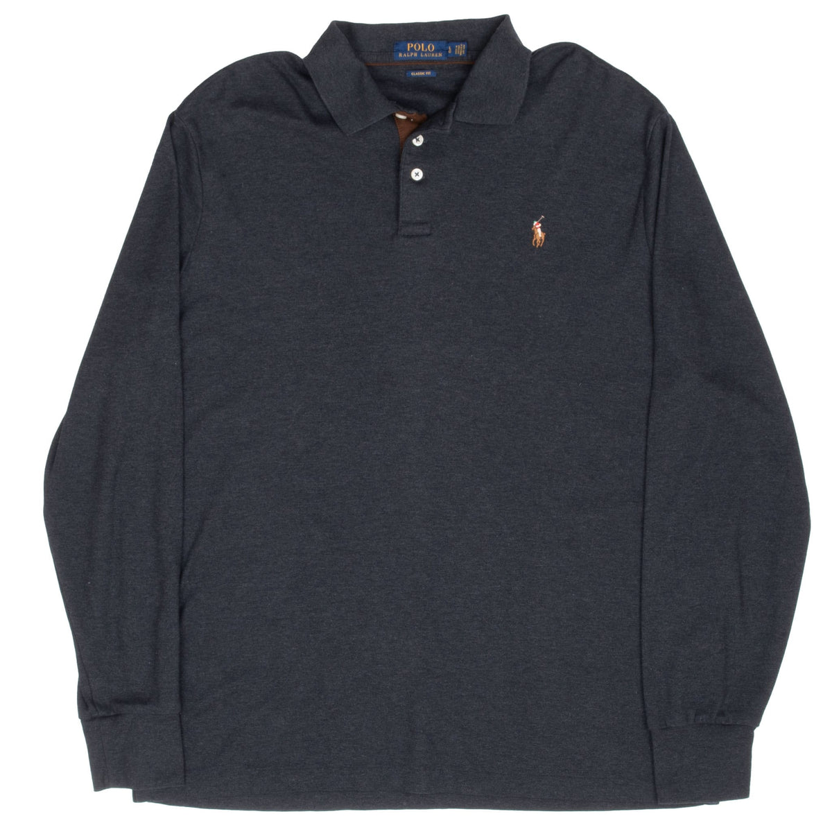 Full front view of dark grey Ralph Lauren long-sleeve polo shirt