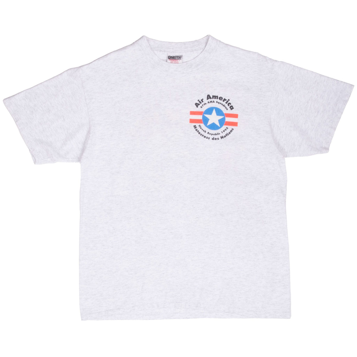 Front of gray Air America AMA Motocross des Nations T-shirt with small star chest graphic