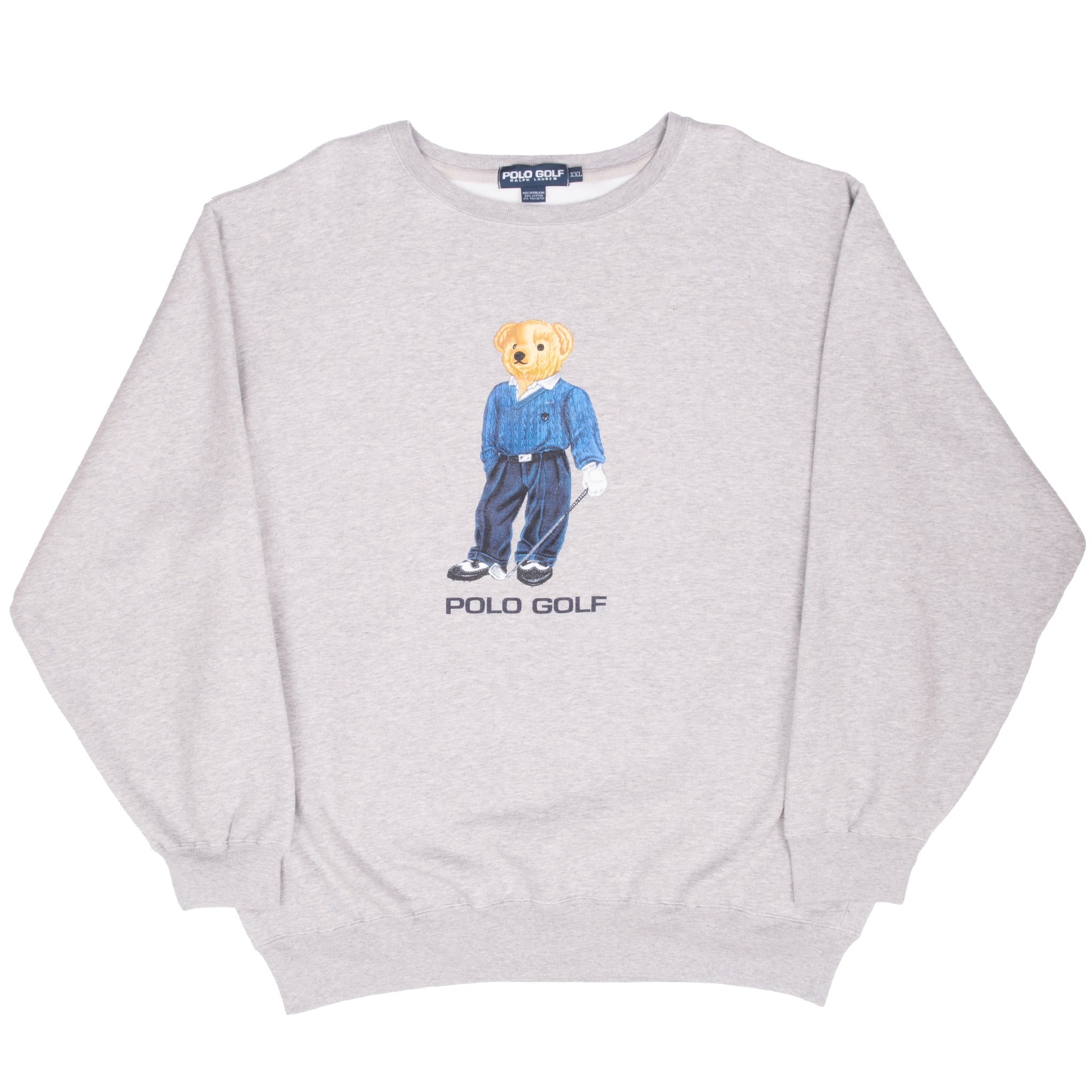 Full front view of gray Ralph Lauren Polo Golf teddy bear sweatshirt