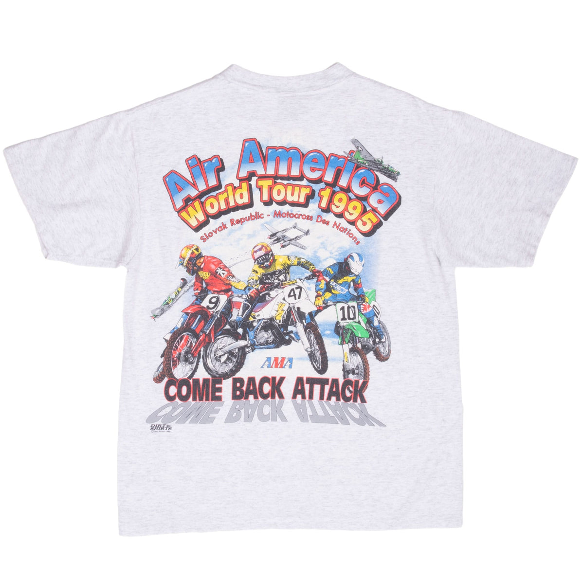 Back of gray Air America World Tour 1995 T-shirt with multicolor motocross graphic