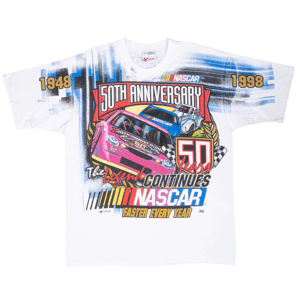 Front of white NASCAR 50th Anniversary 1948–1998 all-over print T-shirt