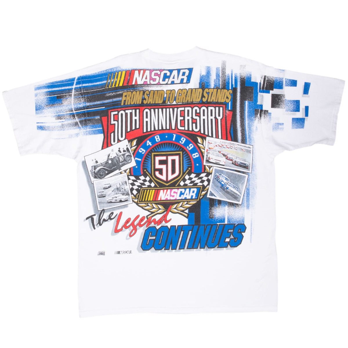 Back of white NASCAR 50th Anniversary T-shirt with racing photos and checkered flags