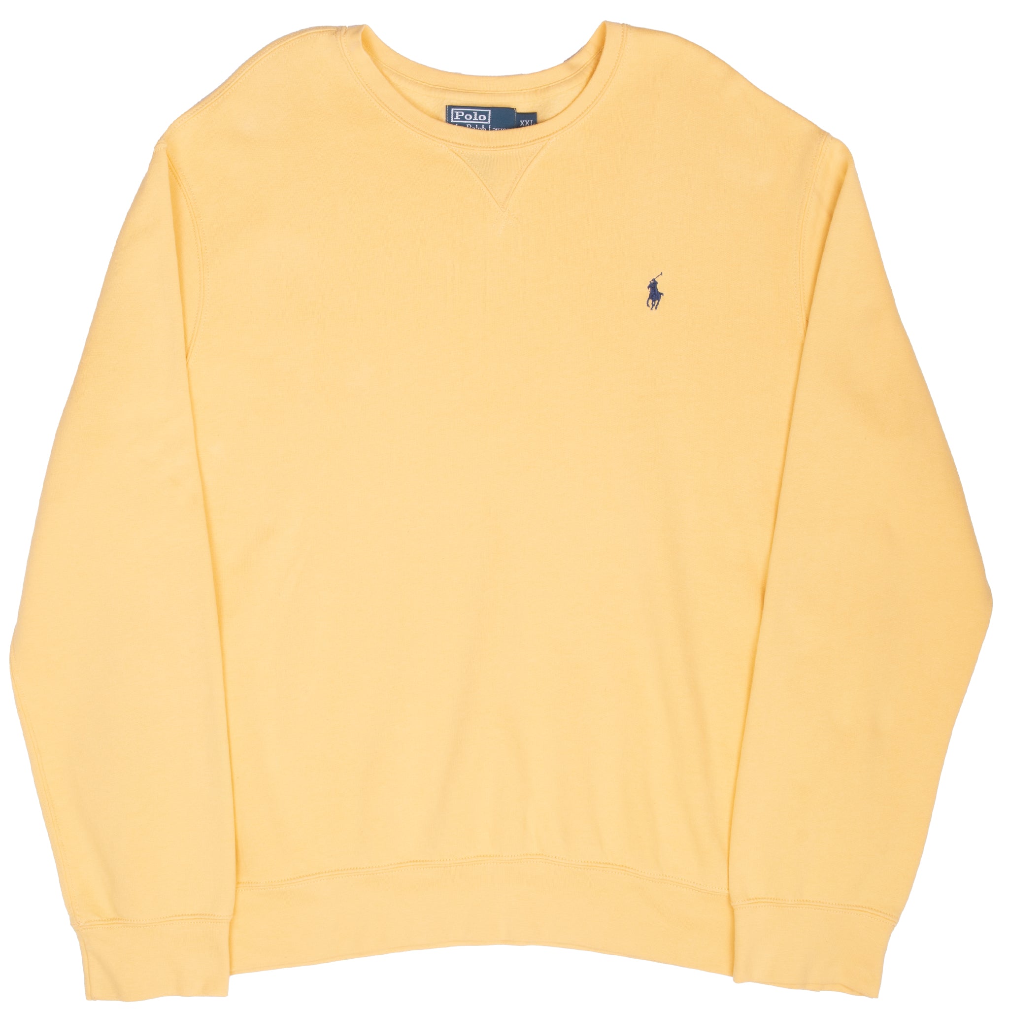 Full front view of yellow Ralph Lauren crewneck sweatshirt with navy Polo pony embroidery