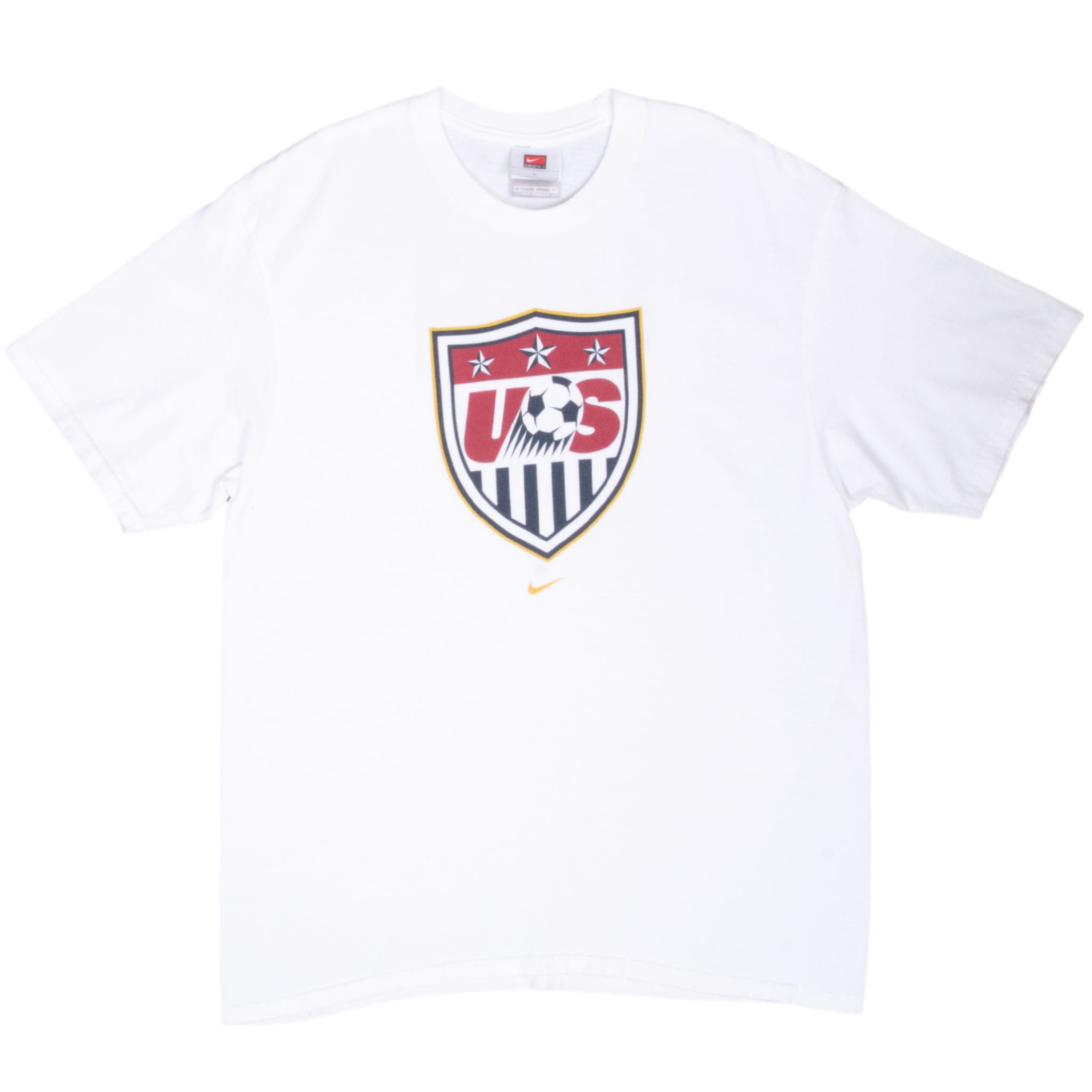 Front of white Nike Team USA soccer T-shirt with red, navy and gold crest graphic