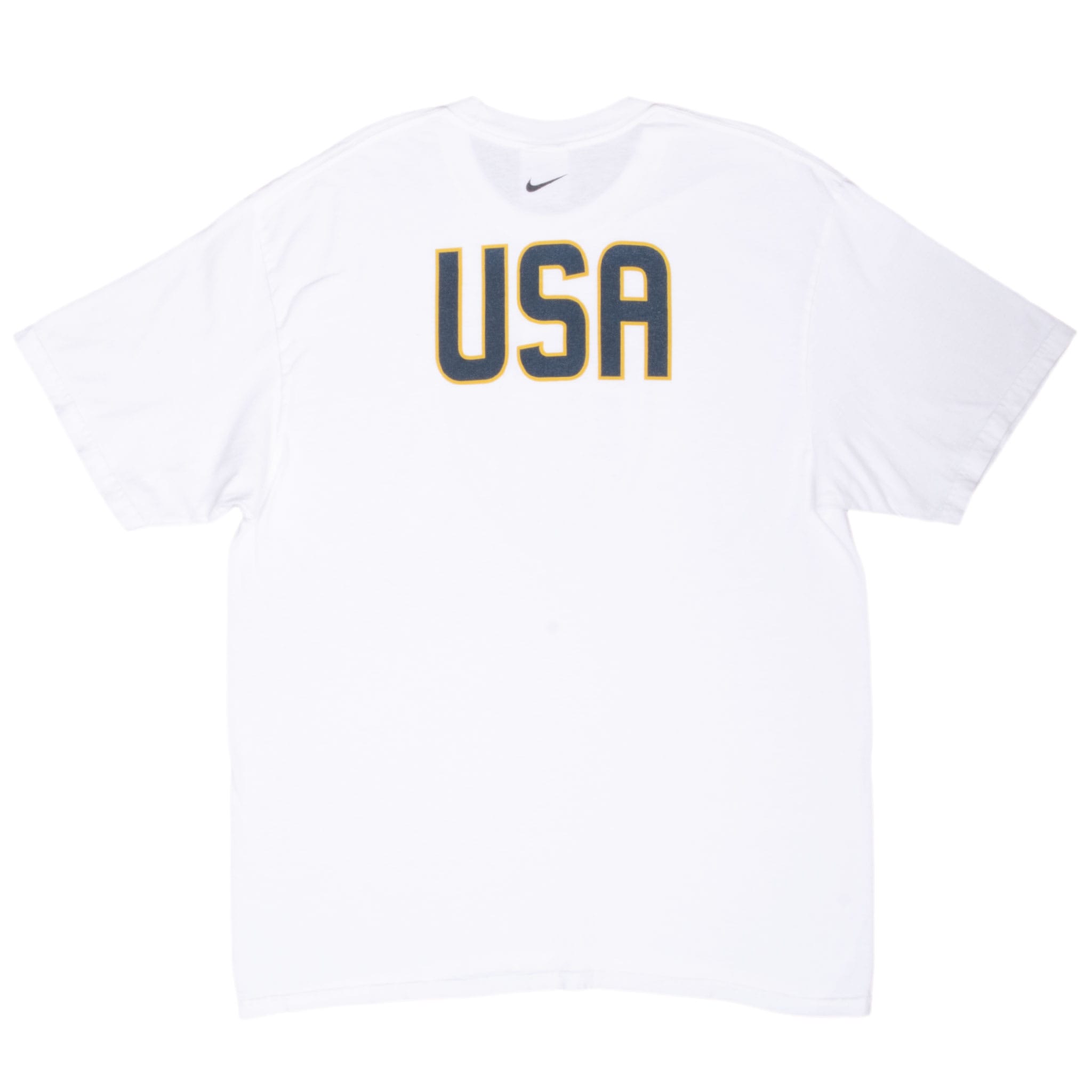 Back of white Nike Team USA soccer T-shirt with navy USA lettering outlined in gold