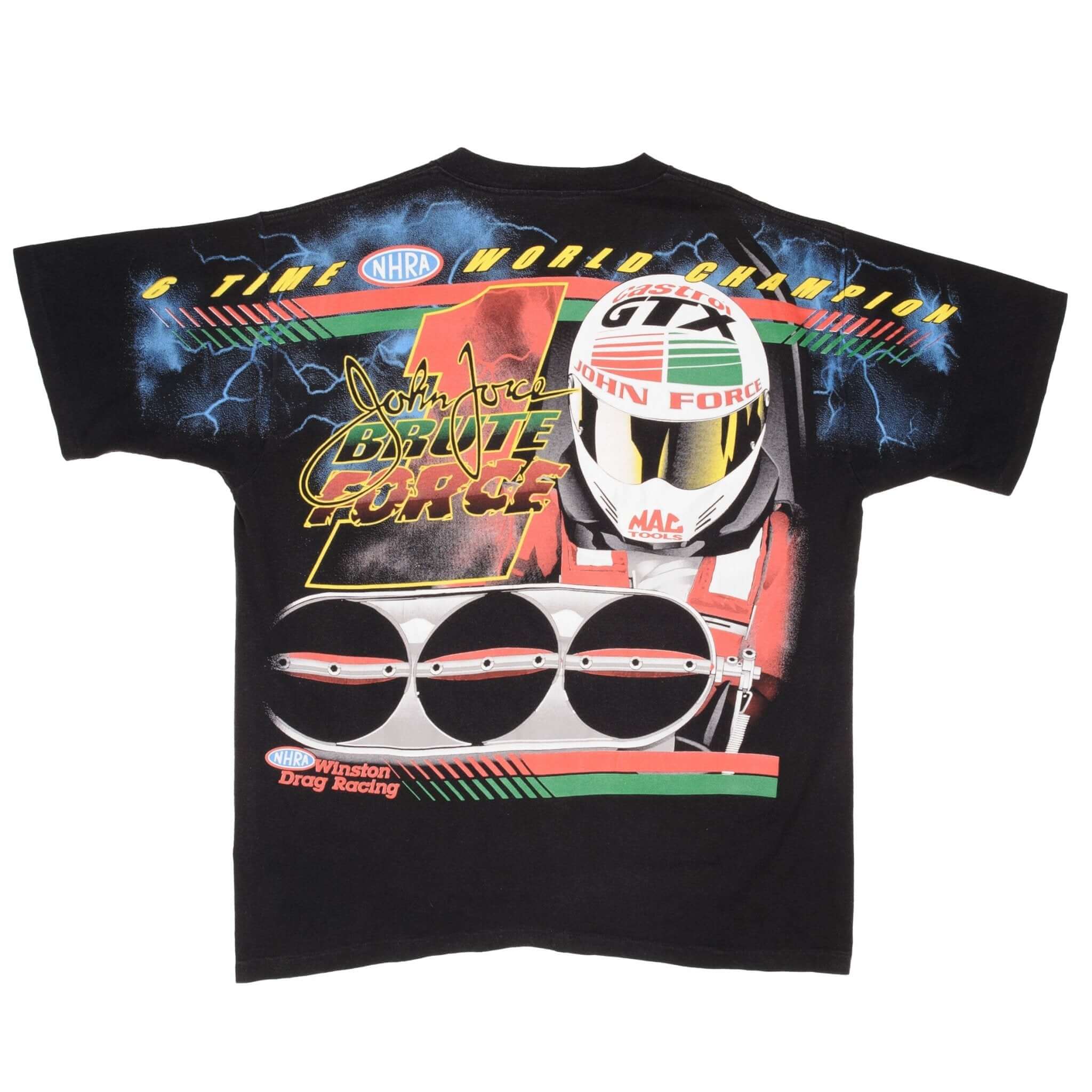 Vintage Allover Print Racing NHRA John Force 1990S Tee Shirt Large Made In USA With Single Stitch Sleeves