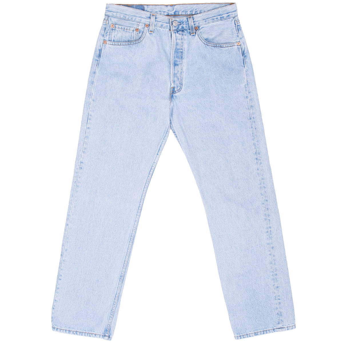 Front view of Levi's 501 jeans in light-wash indigo blue