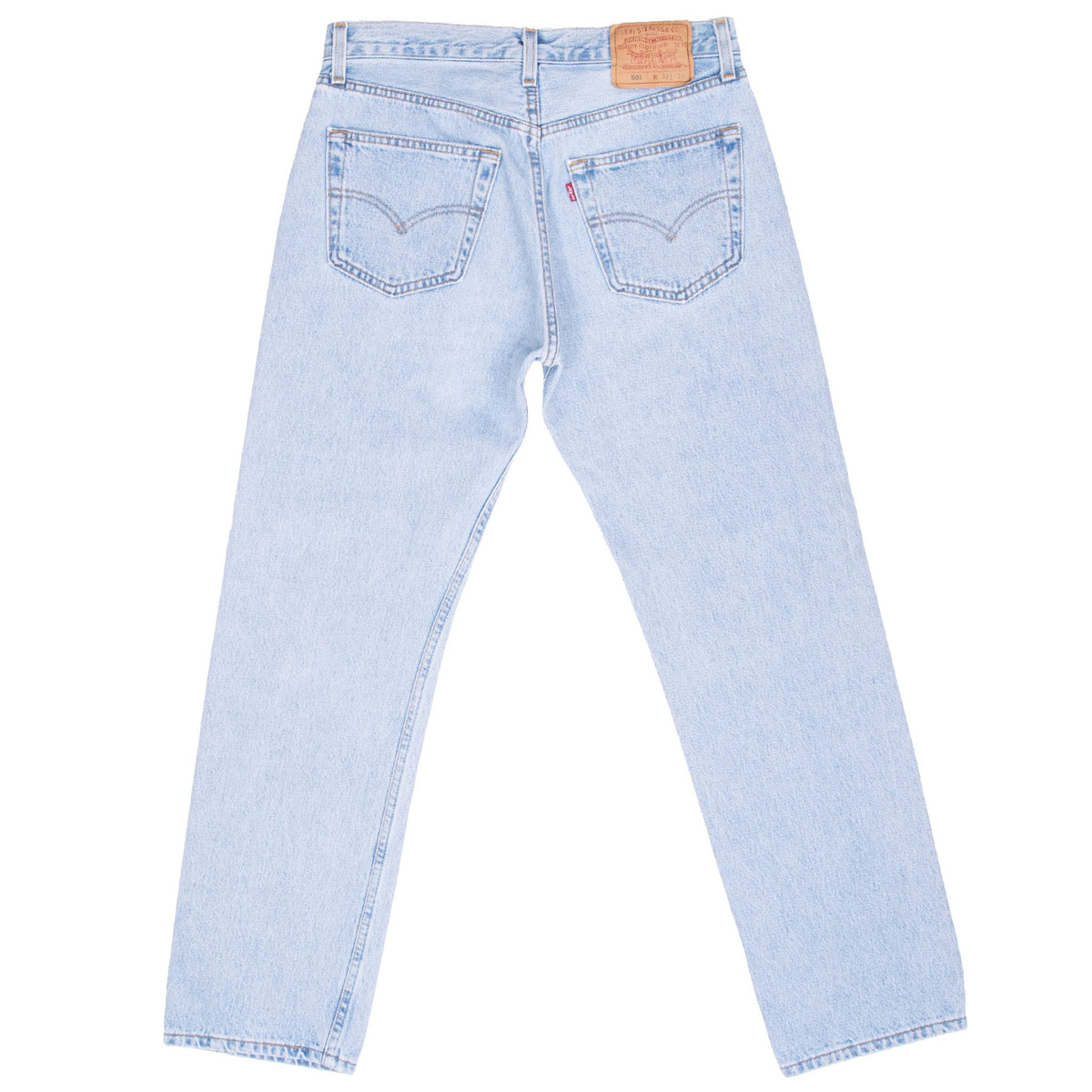 Back view of Levi's 501 light-wash jeans with two pockets, red tab and waistband patch