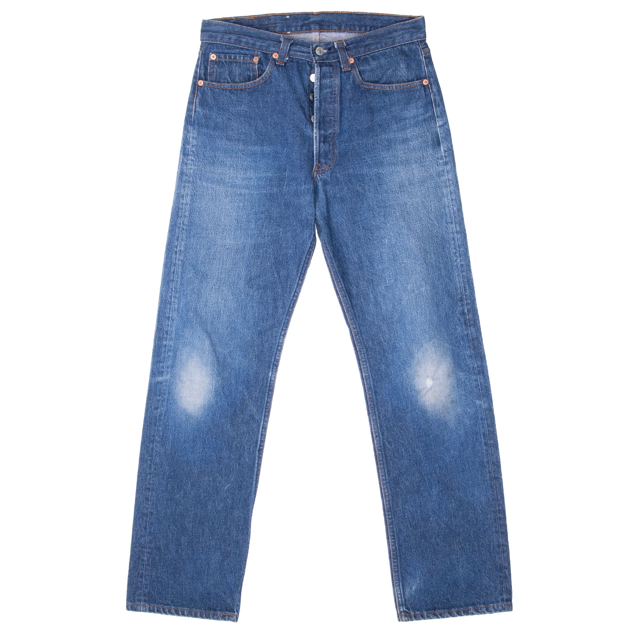 Front of Levi's 501 indigo blue jeans with button fly, five-pocket styling and faded knees