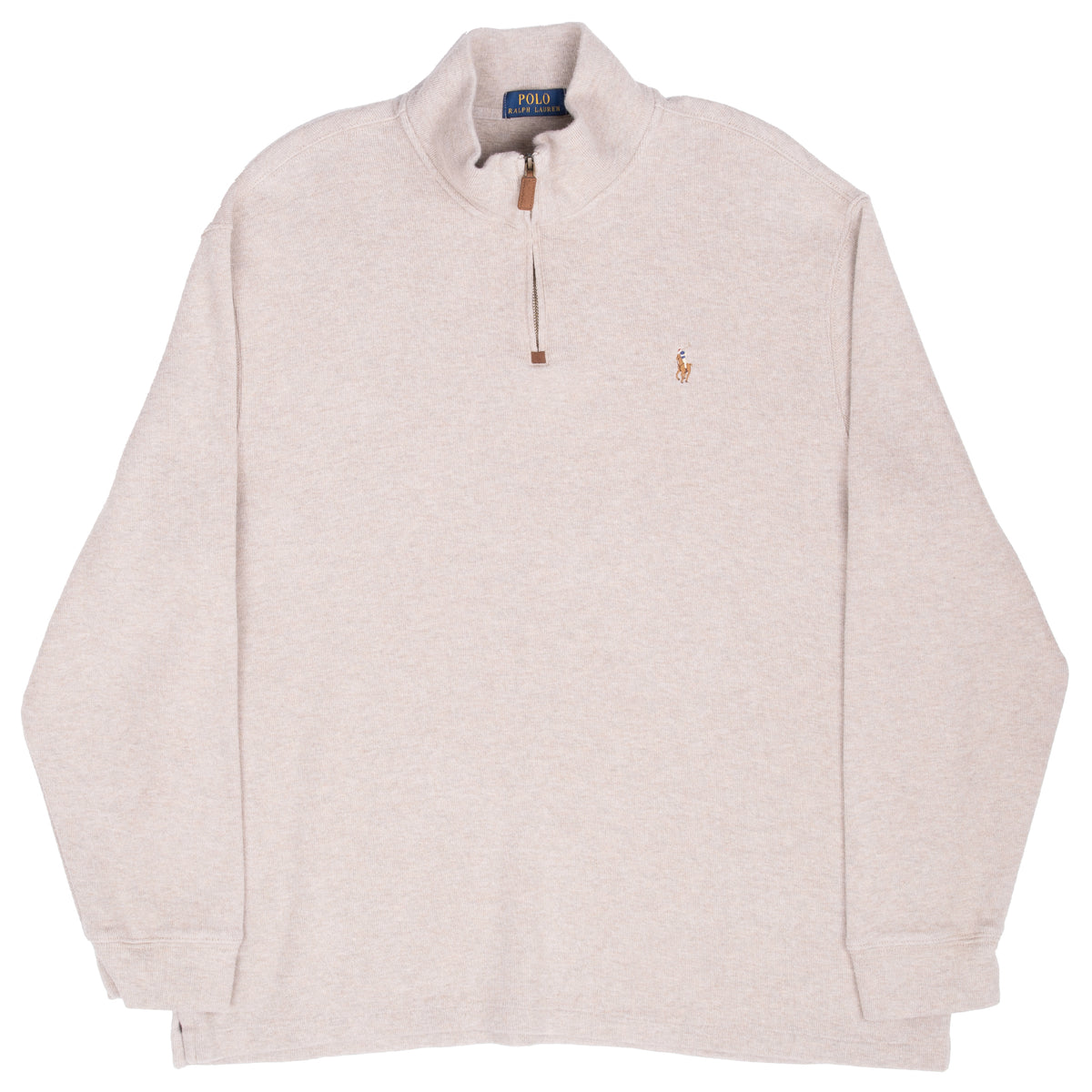 Full front view of beige Polo Ralph Lauren quarter-zip sweater