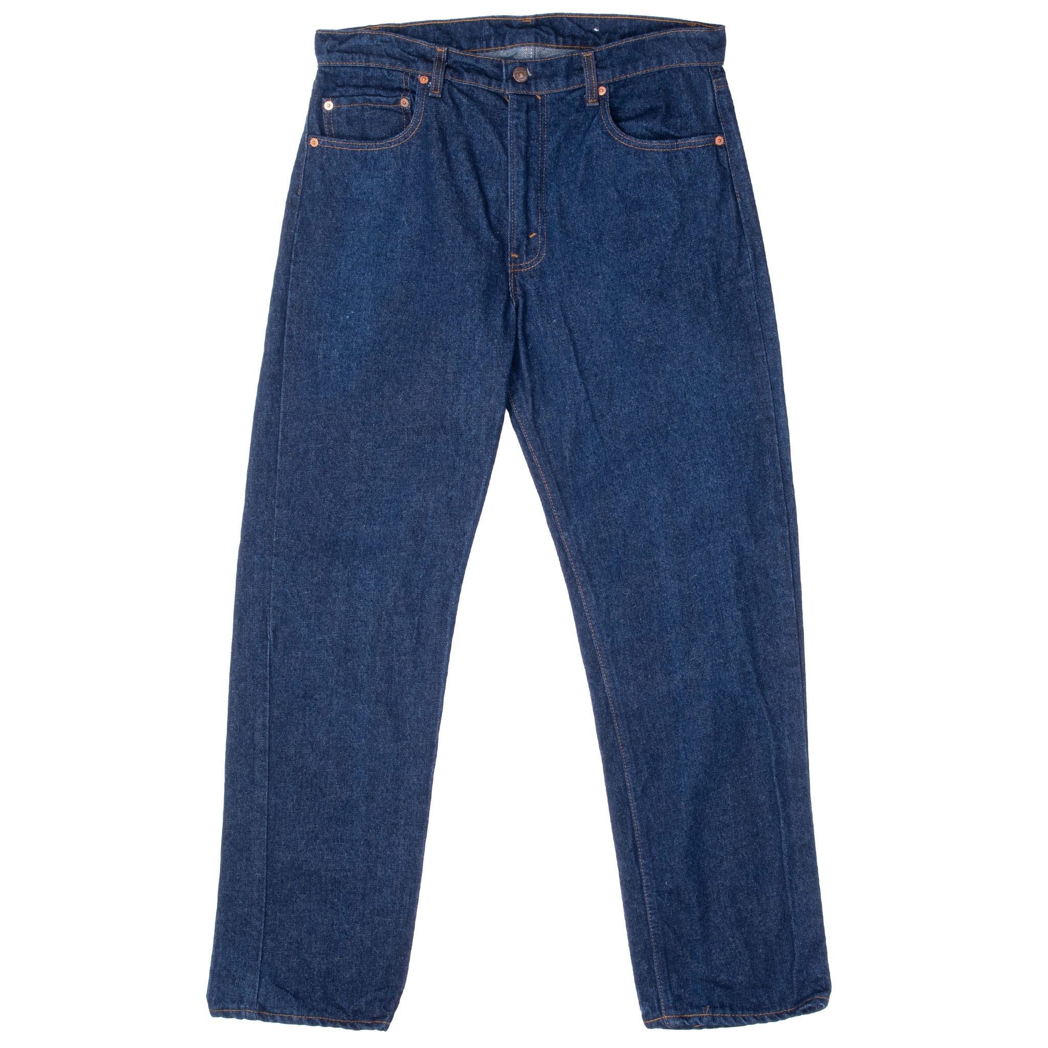 Front view of Levi's 505 dark indigo jeans with zip fly and five-pocket styling