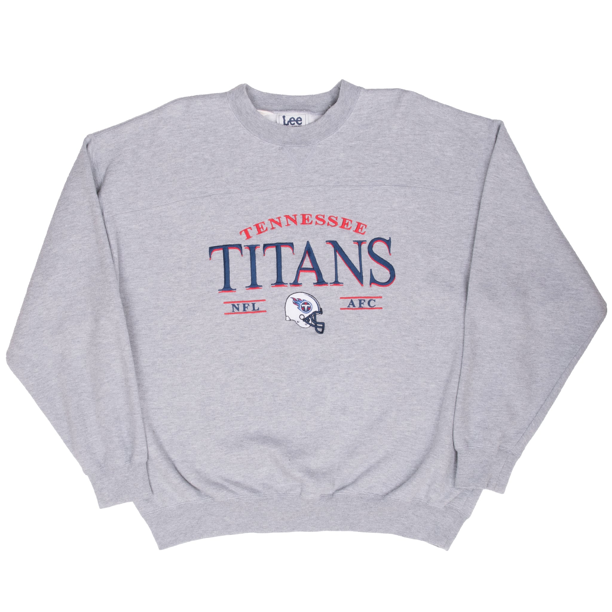 Full front view of gray Tennessee Titans embroidered crewneck sweatshirt