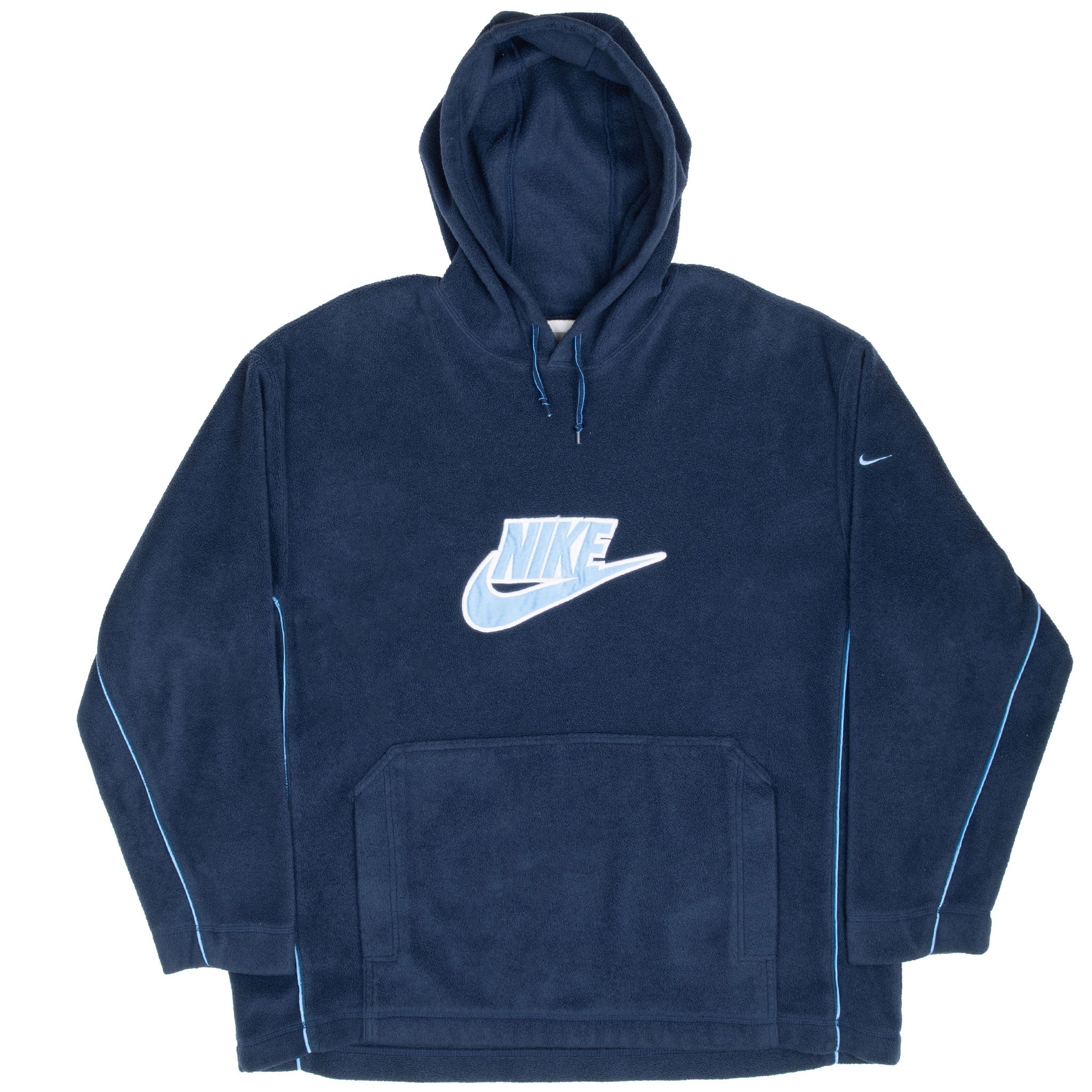 Front of Nike navy blue fleece hoodie with large chest Swoosh and kangaroo pocket