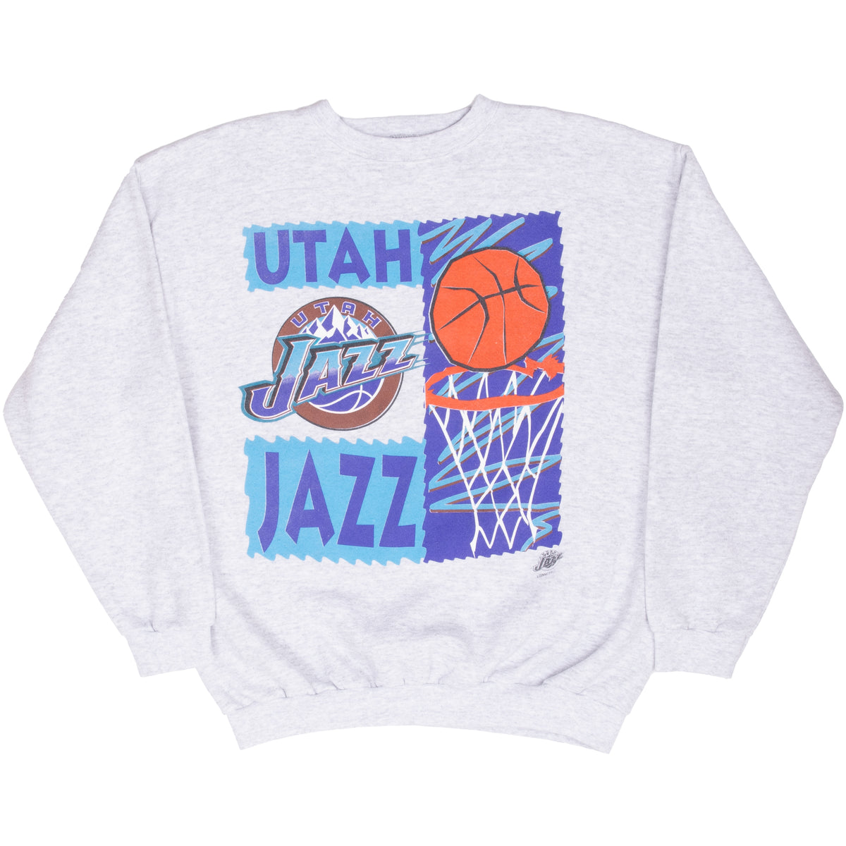 Full front view of gray Utah Jazz crewneck sweatshirt with basketball graphic