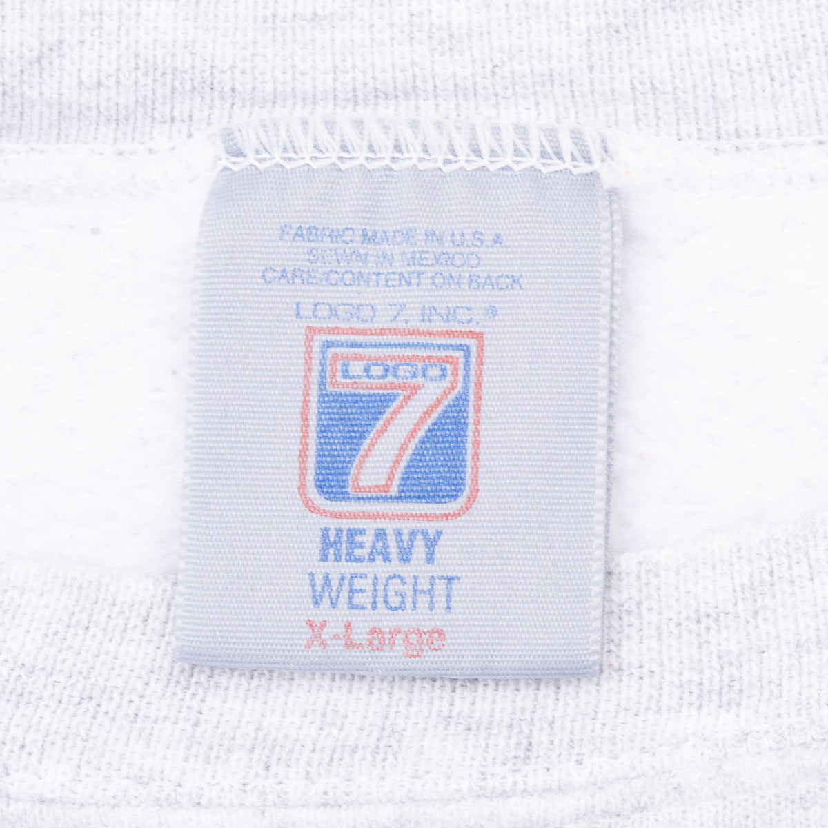 Logo 7 Heavy Weight XL garment tag inside grey sweatshirt collar