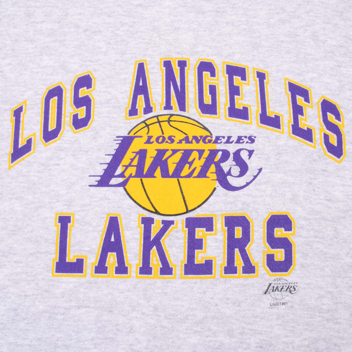 Close-up of purple and gold Los Angeles Lakers basketball graphic on grey sweatshirt