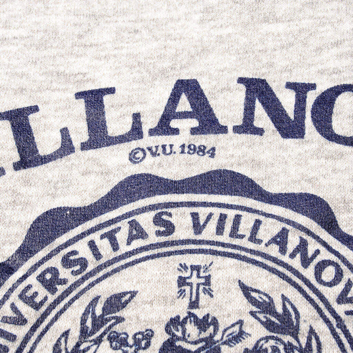 Detail of Villanova lettering, © VU 1984 mark, and university seal print