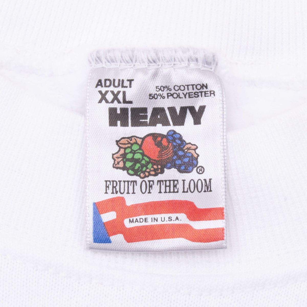 Fruit of the Loom Heavy XXL neck tag showing 50% cotton, 50% polyester and Made in USA