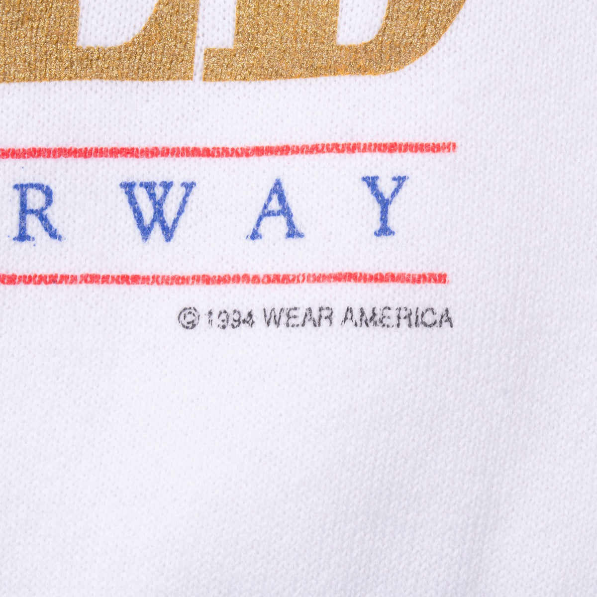 Close-up of sweatshirt print showing metallic-gold lettering and © 1994 Wear America mark