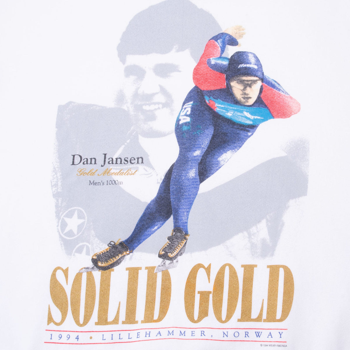 Close-up of Dan Jansen speed-skating graphic with Solid Gold and Lillehammer Norway text